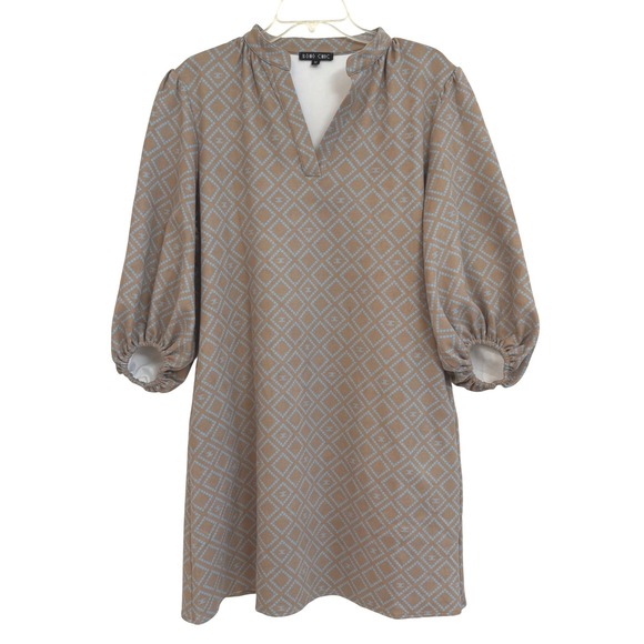 BOHO CHIC Dresses & Skirts - Boho Chic Womens Tan Blue Geometric Diamond Print Puff Sleeve Tunic Dress Size M